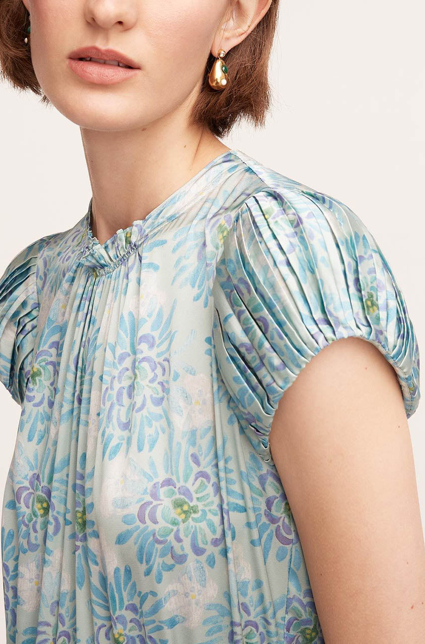 Astera Fleur Pleated Puffed Sleeve Dress in Astera Fleur Turquoise Combo by Rebecca Taylor