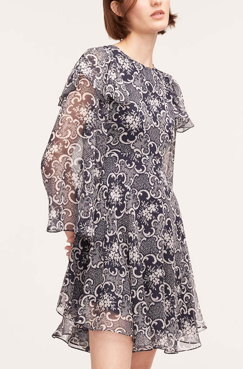 Rochelle Fleur Ruffle Silk Dress in Rochelle Fleur Navy Combo by Rebecca Taylor