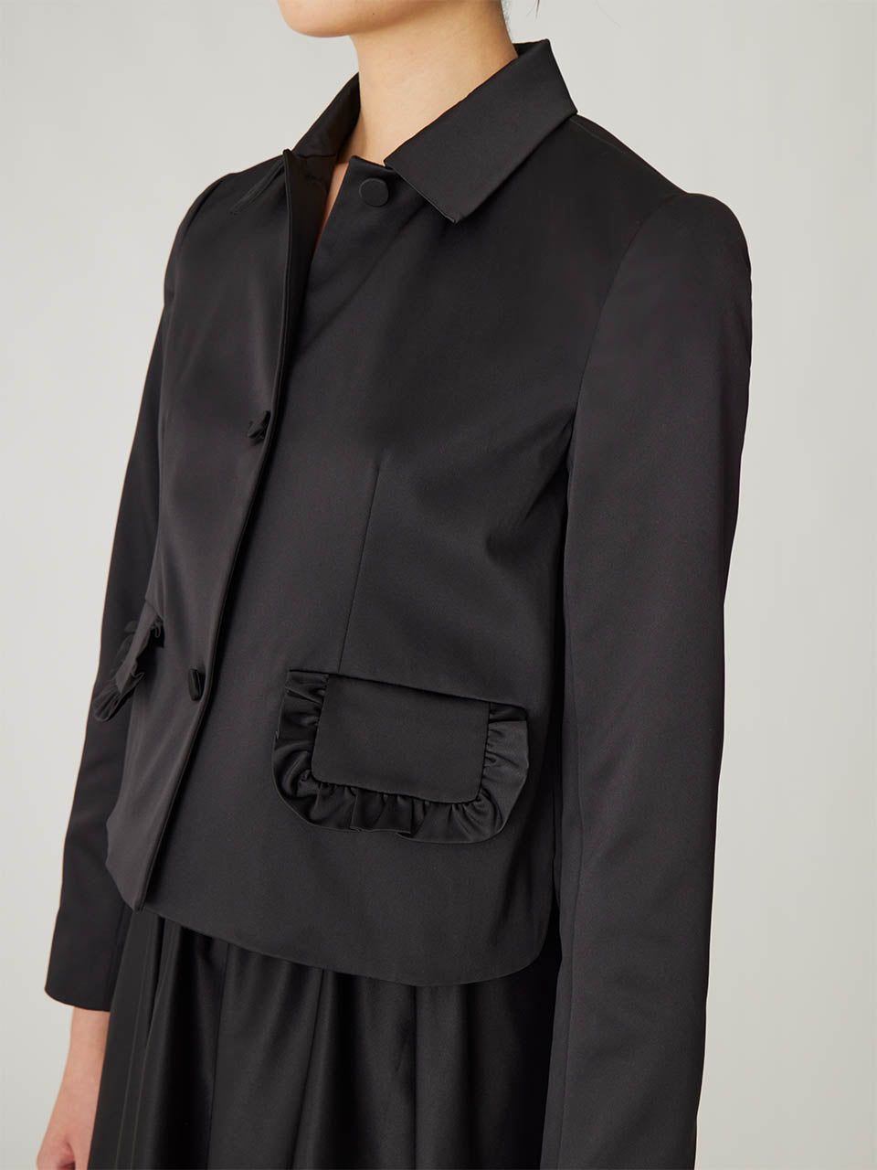 Black Tailored Jacket Techy Sateen Ruffle Pocket Jacket in Black by Rebecca Taylor