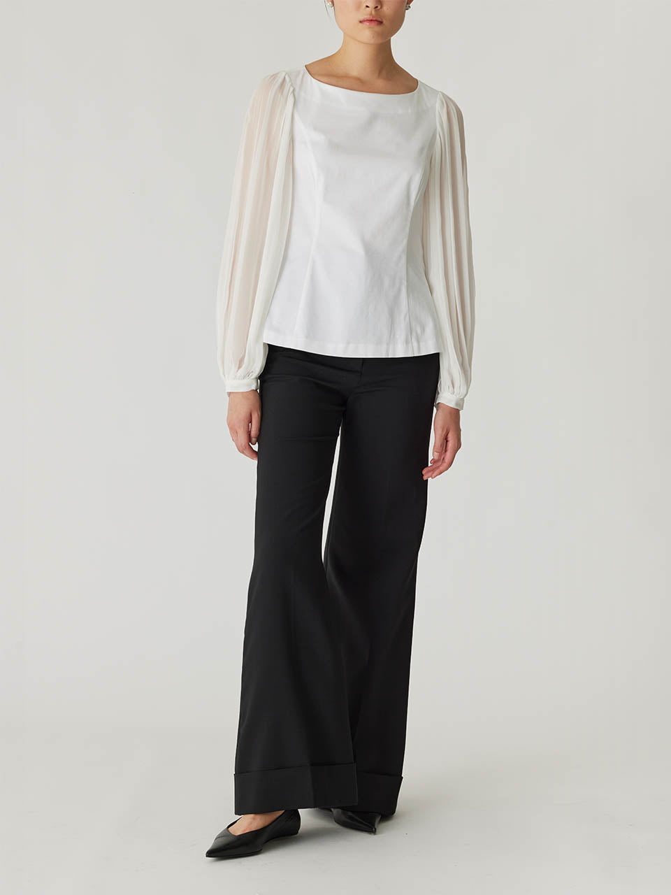 White Cuff Long-Sleeve Top Heavy Cotton Chintz Boat Neck Top in Milk by Rebecca Taylor