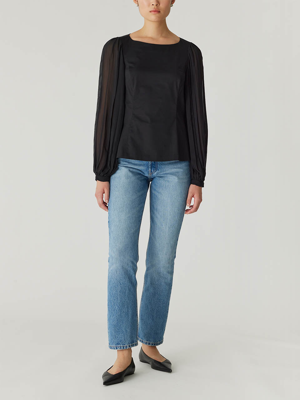 Black Cuff Long-Sleeve Top Heavy Cotton Chintz Boat Neck Top in Black by Rebecca Taylor