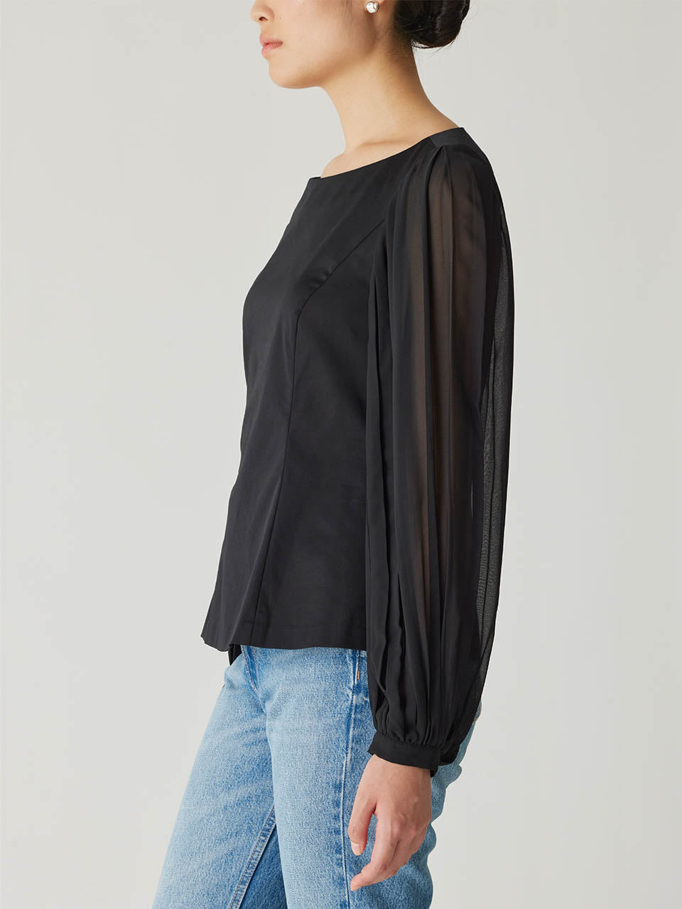 Black Cuff Long-Sleeve Top Heavy Cotton Chintz Boat Neck Top in Black by Rebecca Taylor