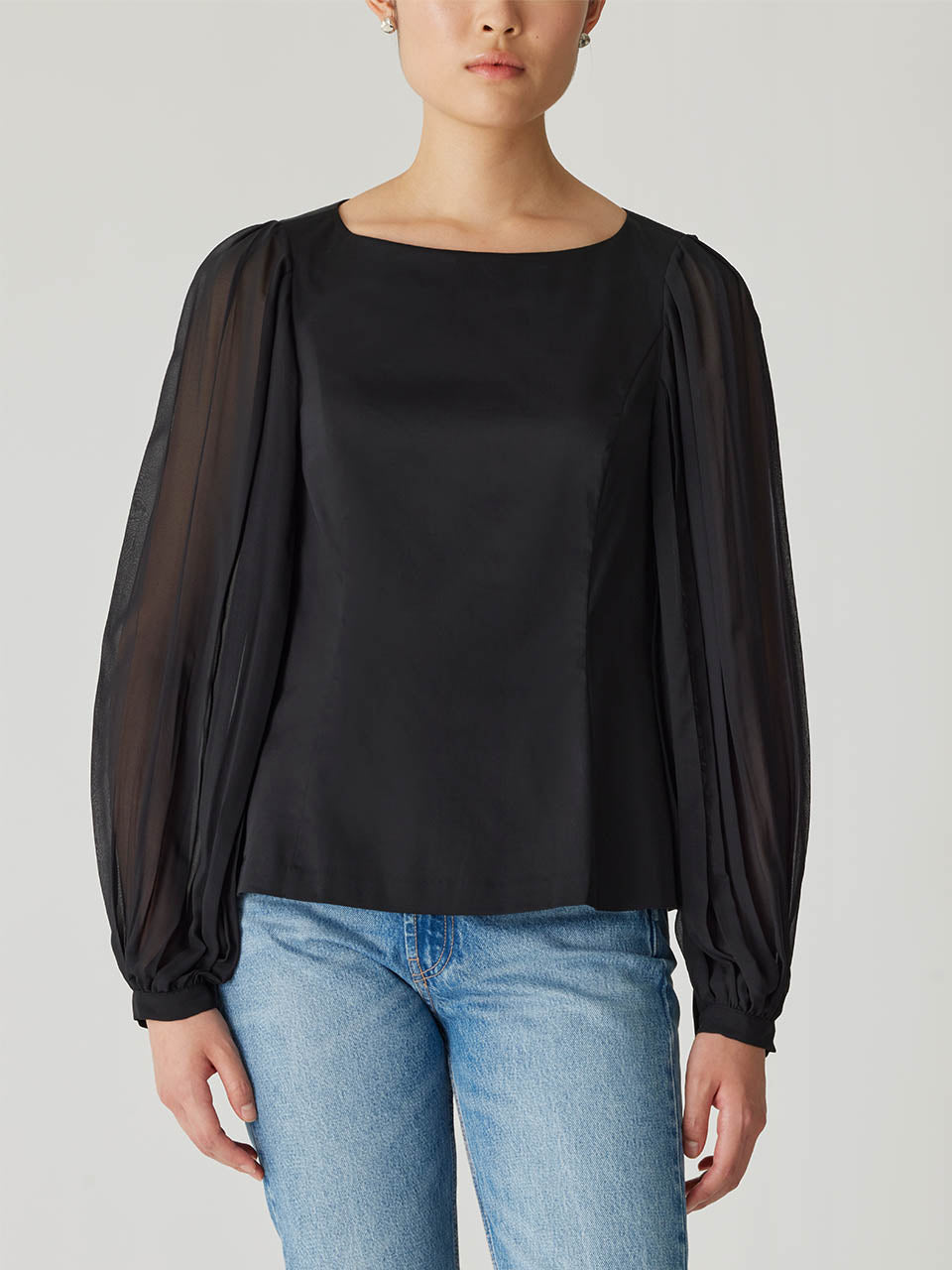 Black Cuff Long-Sleeve Top Heavy Cotton Chintz Boat Neck Top in Black by Rebecca Taylor