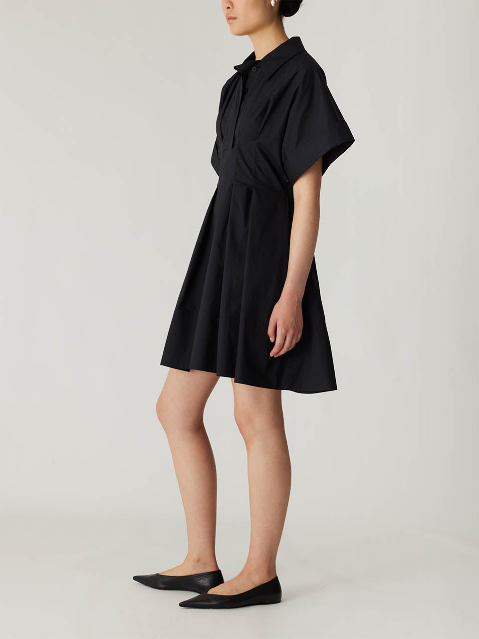 Black Button-Up Short-Sleeve Dress Poplin Waisted Shirt Dress in Black by Rebecca Taylor