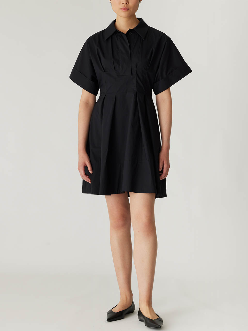 Black Button-Up Short-Sleeve Dress Poplin Waisted Shirt Dress in Black by Rebecca Taylor