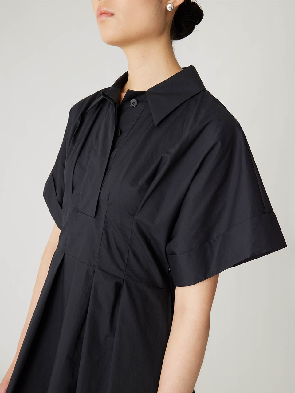 Black Button-Up Short-Sleeve Dress Poplin Waisted Shirt Dress in Black by Rebecca Taylor
