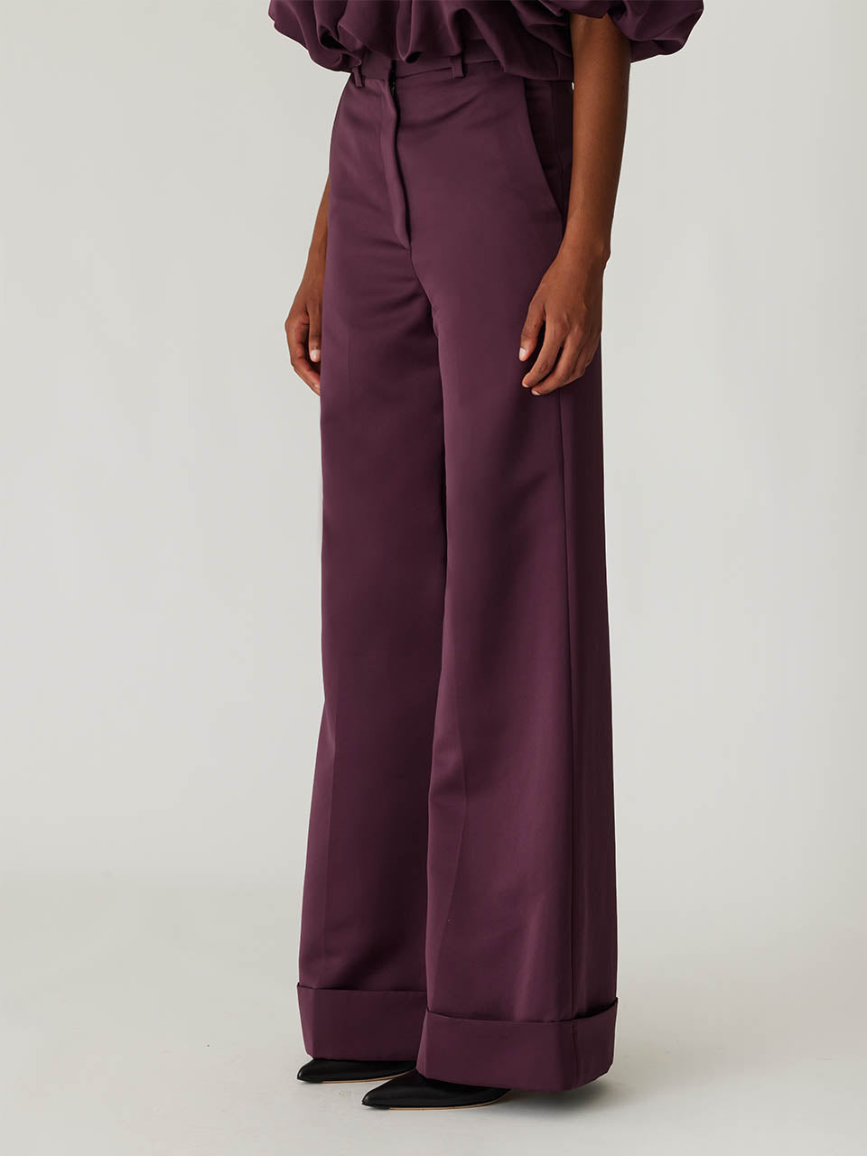 Purple High-Waist Cuffed Pants Techy Sateen Wide Leg Pant in Plum by Rebecca Taylor