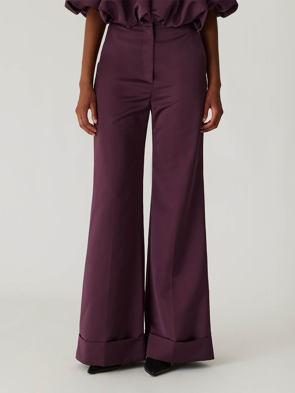 Purple High-Waist Cuffed Pants Techy Sateen Wide Leg Pant in Plum by Rebecca Taylor