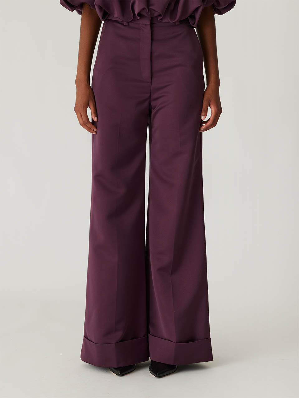 Purple High-Waist Cuffed Pants Techy Sateen Wide Leg Pant in Plum by Rebecca Taylor