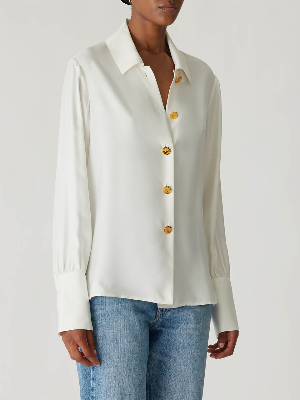 White Hammered Button Shirt Silky Novelty Button Shirt in Milk by Rebecca Taylor