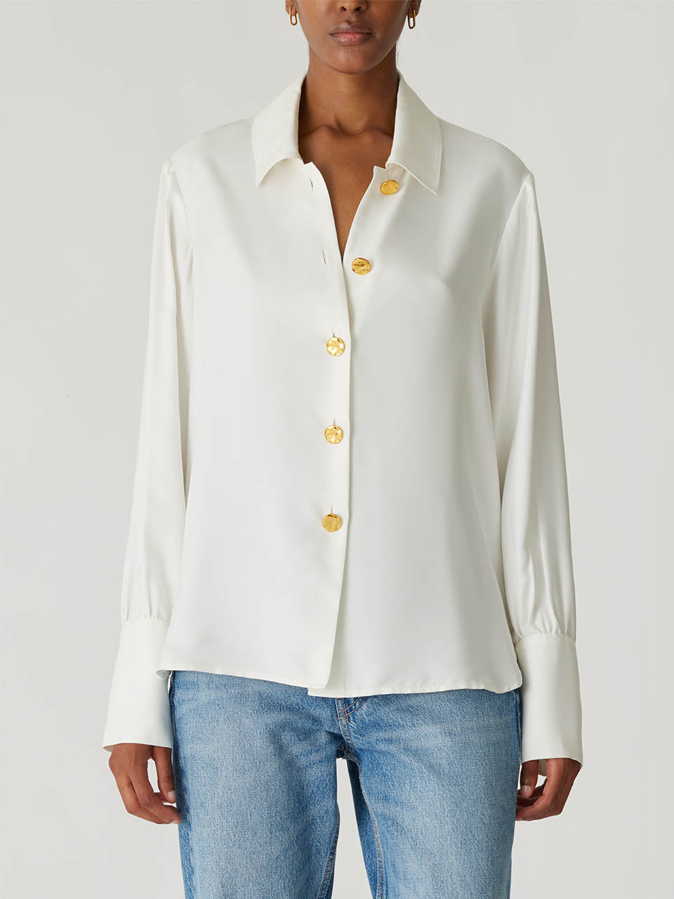 White Hammered Button Shirt Silky Novelty Button Shirt in Milk by Rebecca Taylor