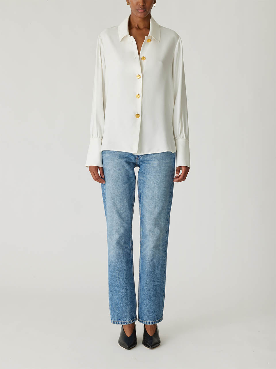 White Hammered Button Shirt Silky Novelty Button Shirt in Milk by Rebecca Taylor