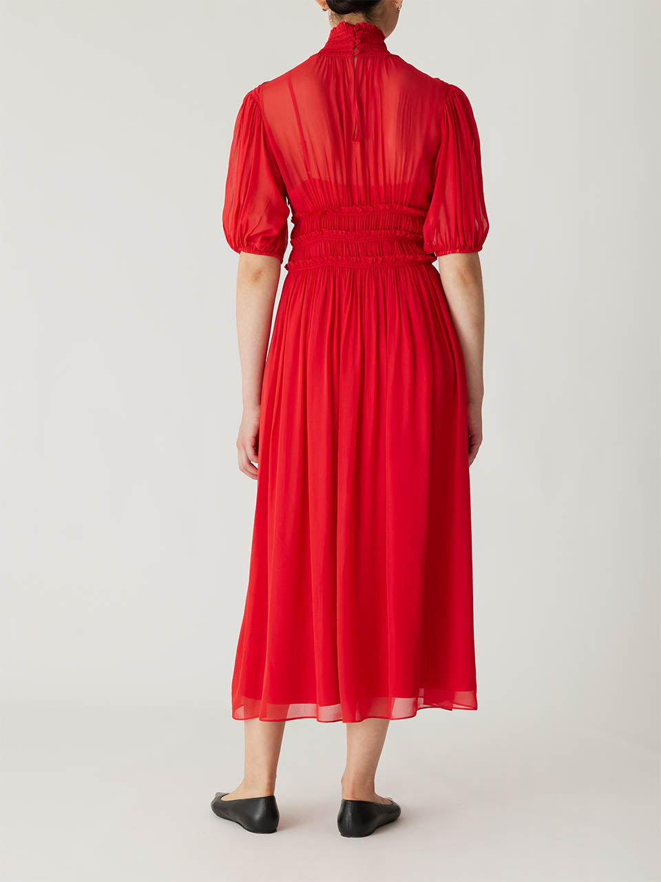 Red Puff Sleeve Midi Dress Viscose Chiffon Smocked Waist Dress in Red Lip by Rebecca Taylor