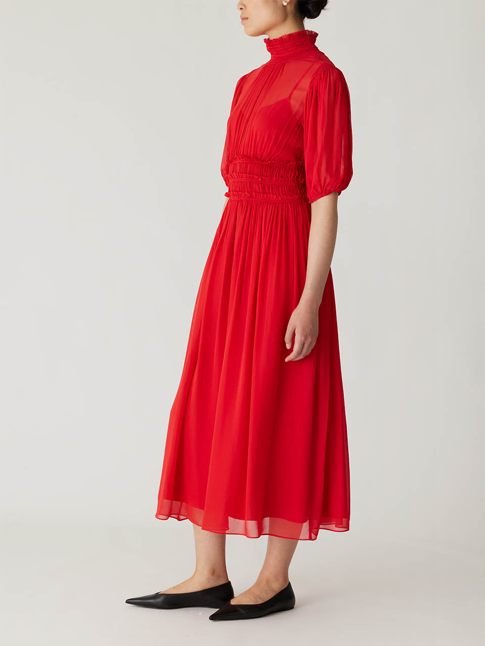 Red Puff Sleeve Midi Dress Viscose Chiffon Smocked Waist Dress in Red Lip by Rebecca Taylor