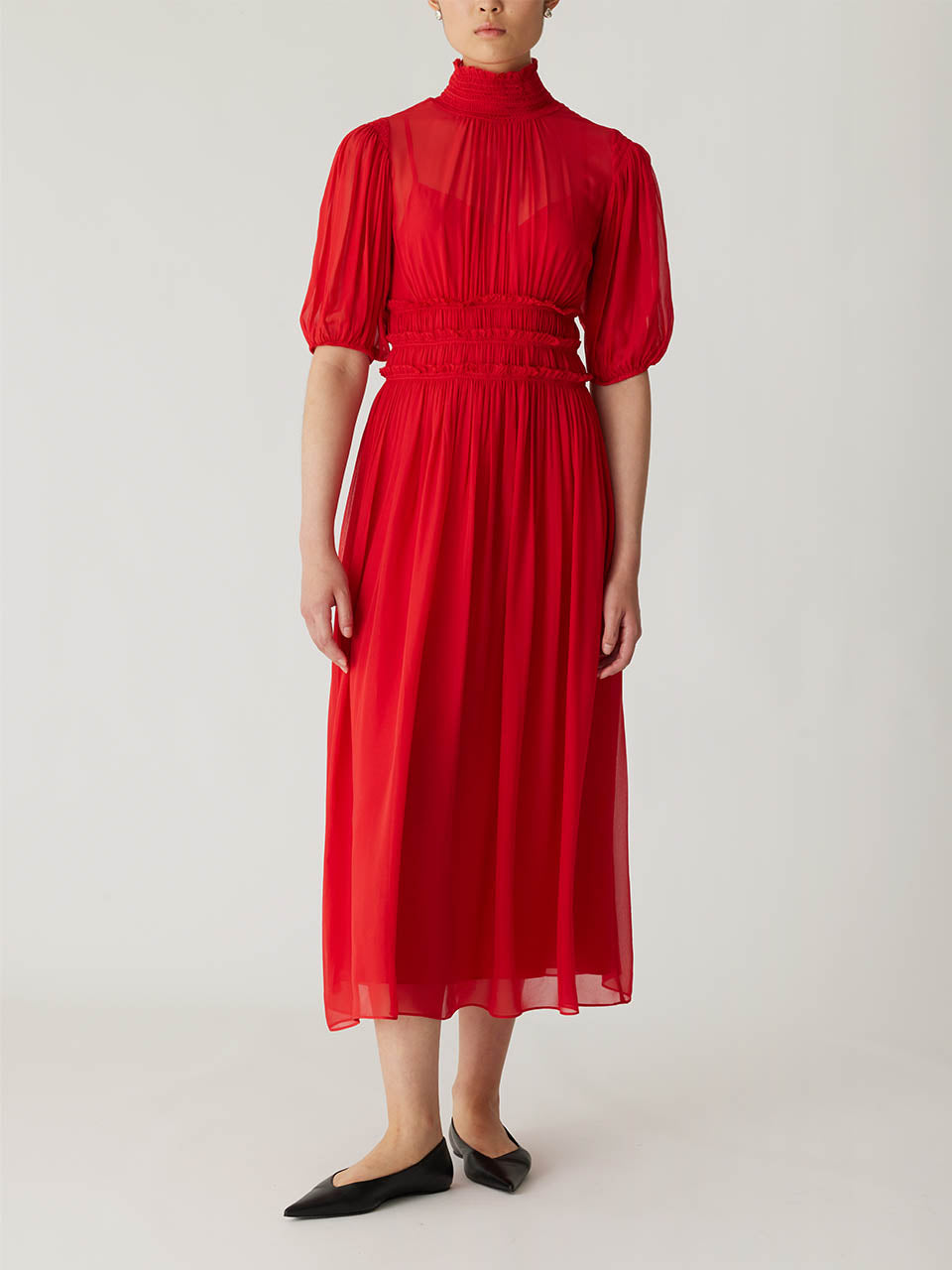 Red Puff Sleeve Midi Dress Viscose Chiffon Smocked Waist Dress in Red Lip by Rebecca Taylor
