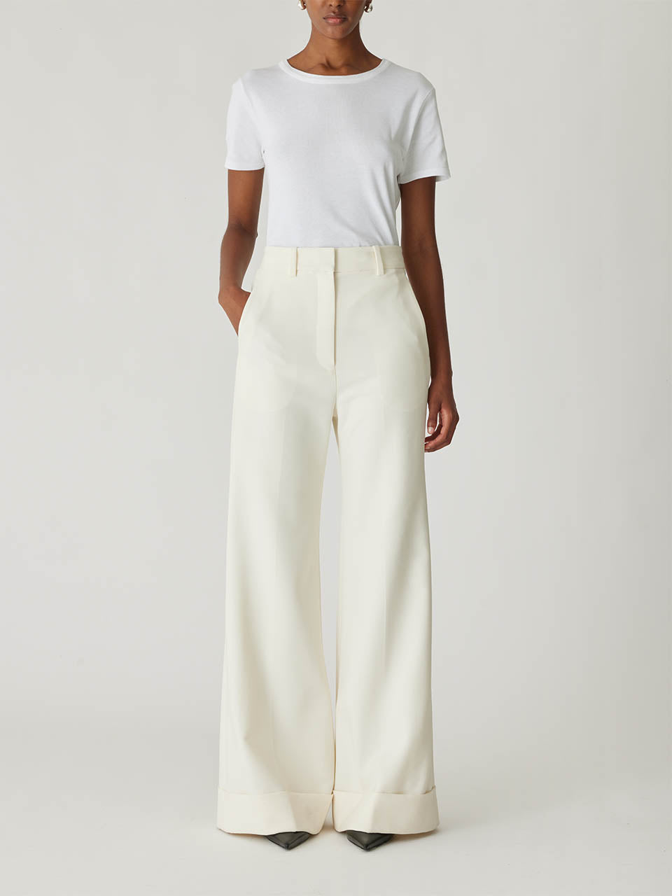 Cream High-Waist Dress Pants Refined Suiting Wide Leg Trouser in Cream by Rebecca Taylor