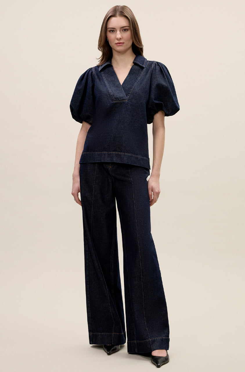 Gabrielle Denim Blouse in Deep Sea Wash by Rebecca Taylor