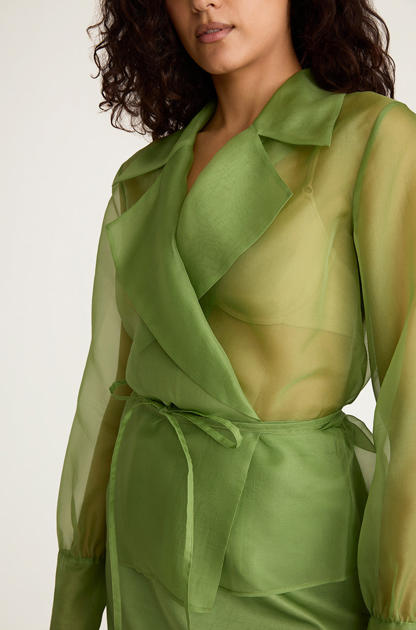 Green Long-Sleeve Sheer Shirt Organza Wrap Shirt in Fern by Rebecca Taylor