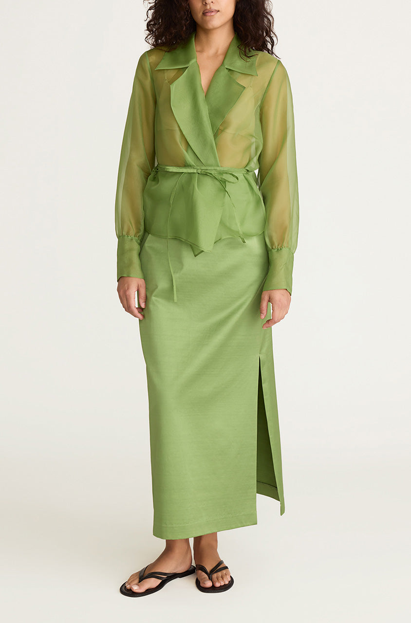 Green Long-Sleeve Sheer Shirt Organza Wrap Shirt in Fern by Rebecca Taylor
