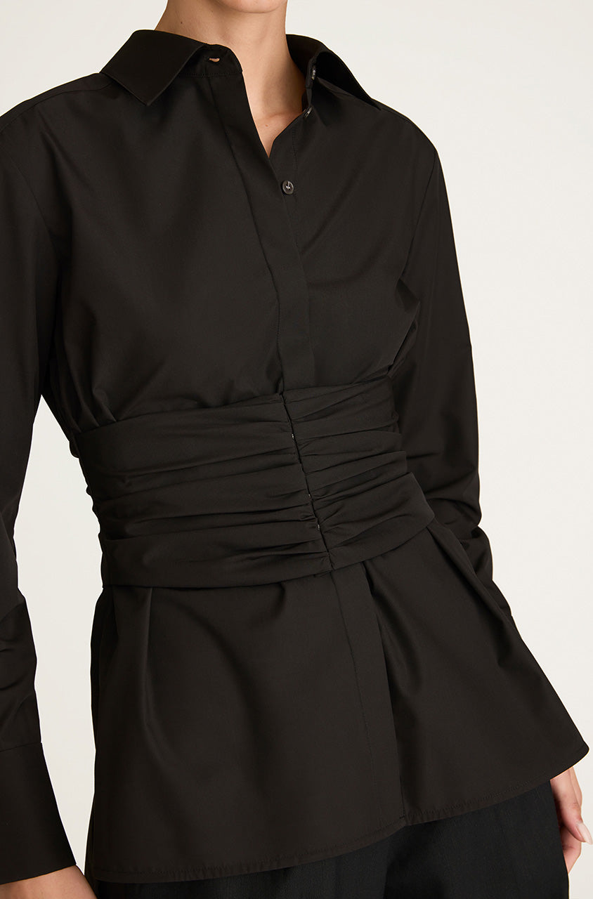 Black Cummerbund-Detailed Taffeta Shirt Corseted Button Down in Black by Rebecca Taylor