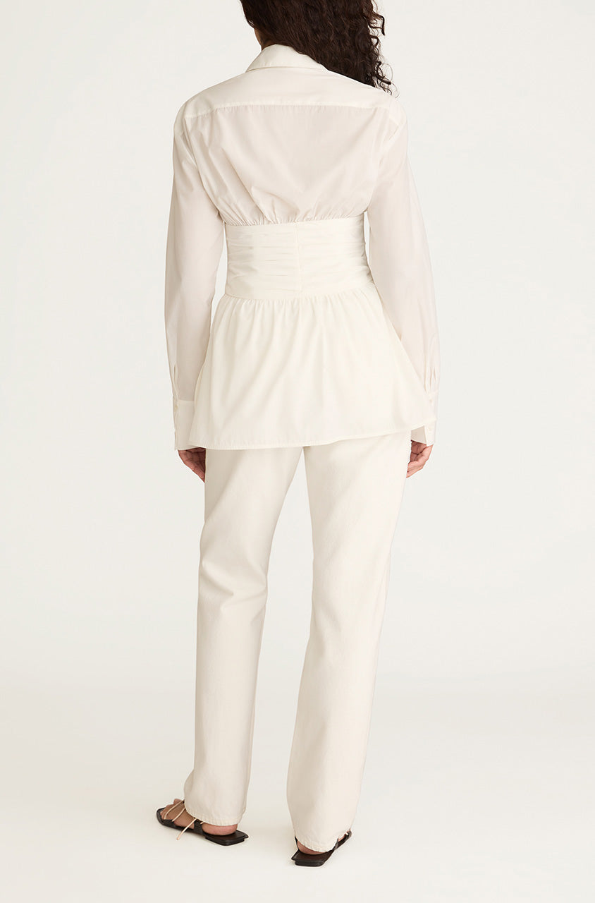 White Cummerbund-Detailed Taffeta Shirt Corseted Button Down in Milk by Rebecca Taylor