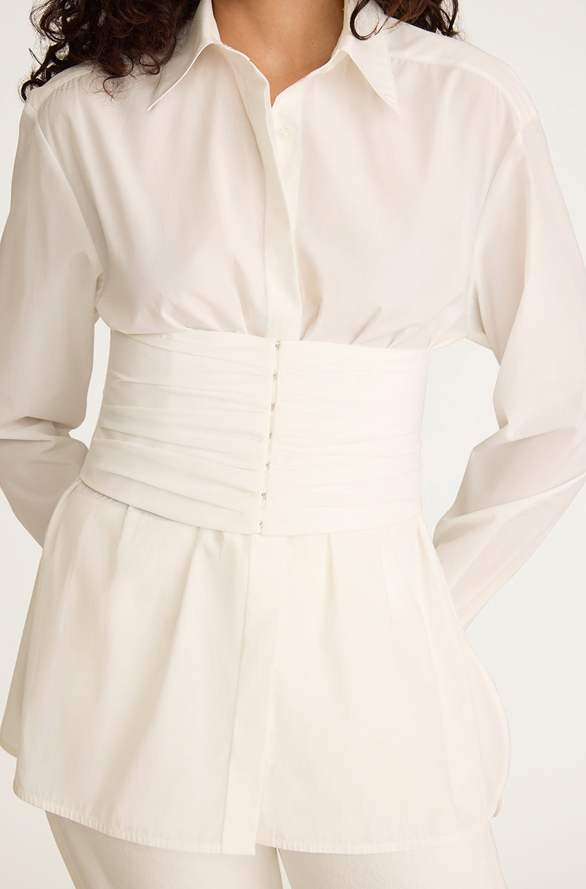 White Cummerbund-Detailed Taffeta Shirt Corseted Button Down in Milk by Rebecca Taylor