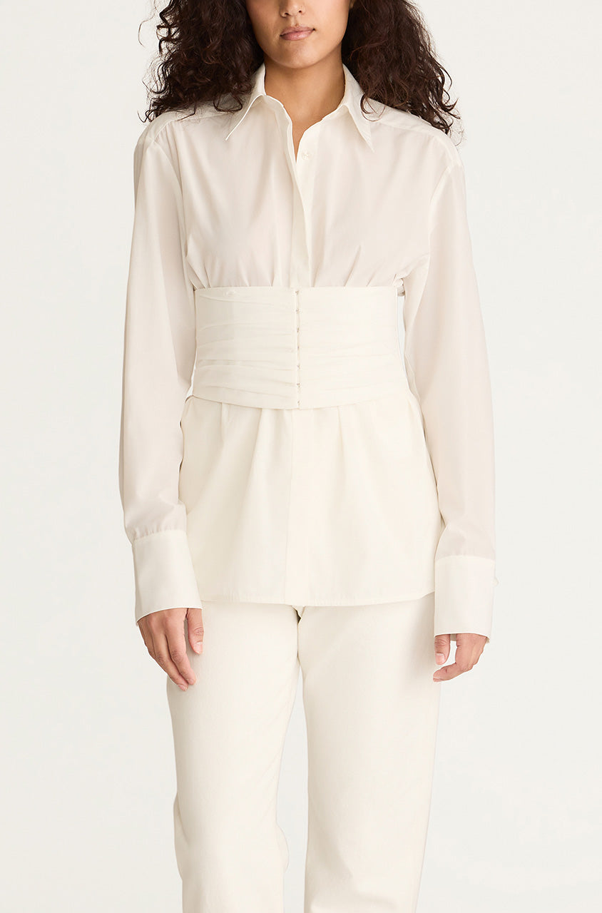 White Cummerbund-Detailed Taffeta Shirt Corseted Button Down in Milk by Rebecca Taylor