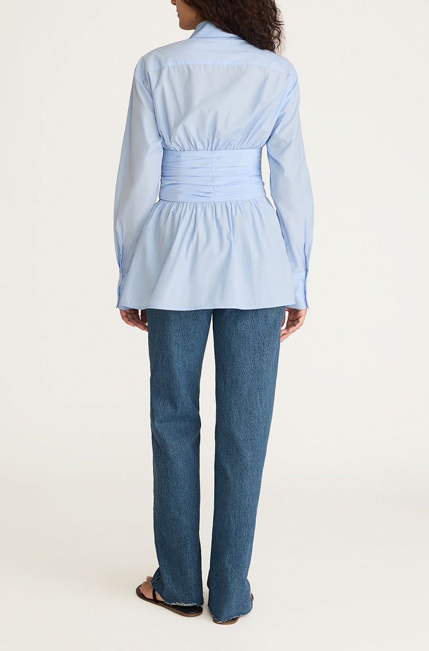 Blue Cummerbund-Detailed Taffeta Shirt Corseted Button Down in Oxford by Rebecca Taylor