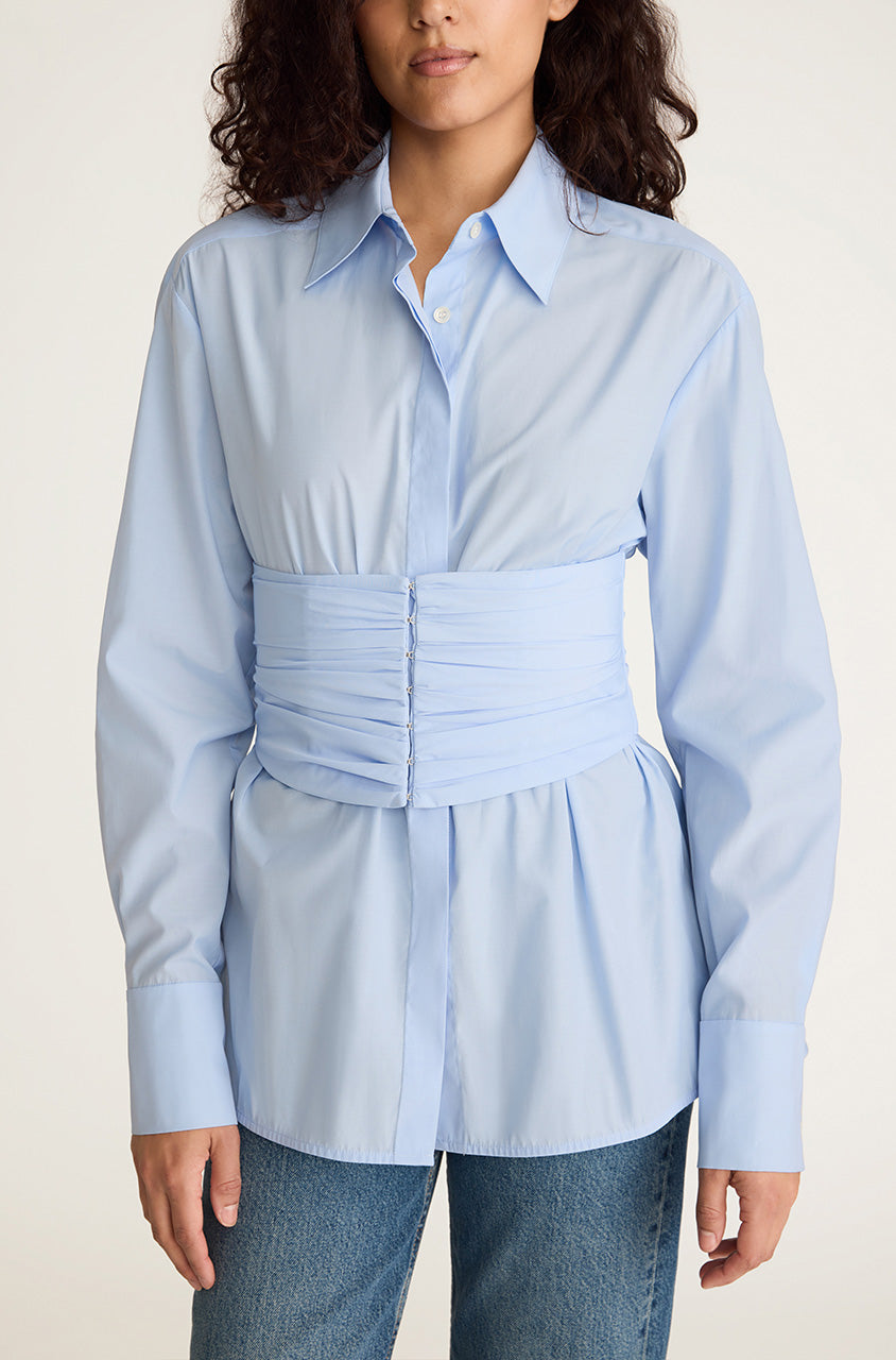 Blue Cummerbund-Detailed Taffeta Shirt Corseted Button Down in Oxford by Rebecca Taylor