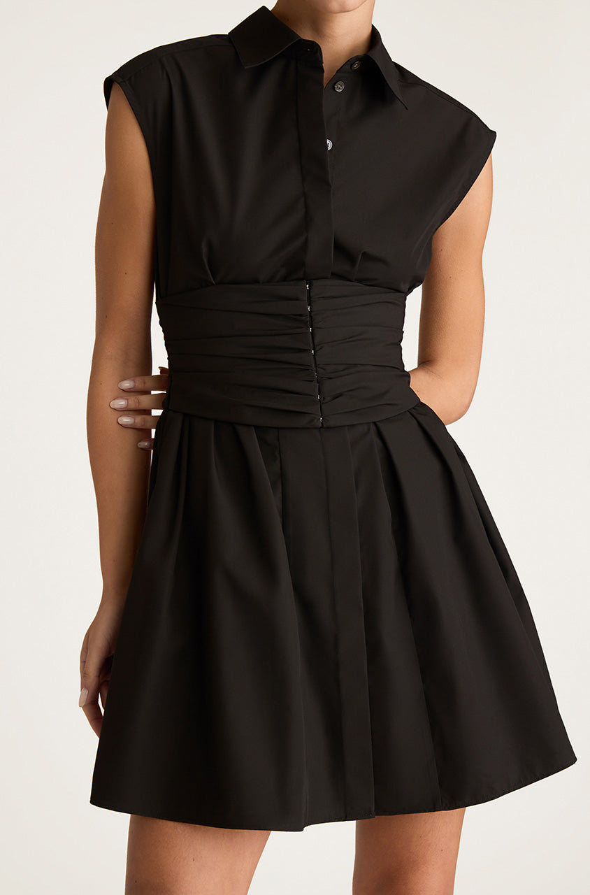 Black Sleeveless Taffeta Mini Dress Corseted Mini Dress in Black by Rebecca Taylor