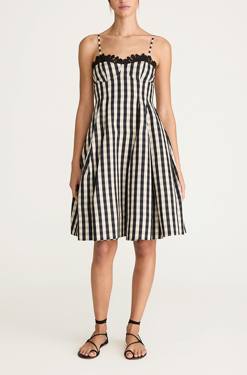 Gingham Twill Embroidered Bustier Tea Dress