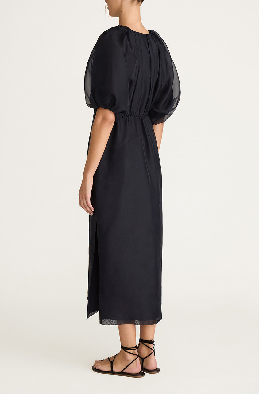 Dark Navy Bubble Sleeve Midi Dress Silk Chiffon Bubble Pencil Dress in Midnight by Rebecca Taylor