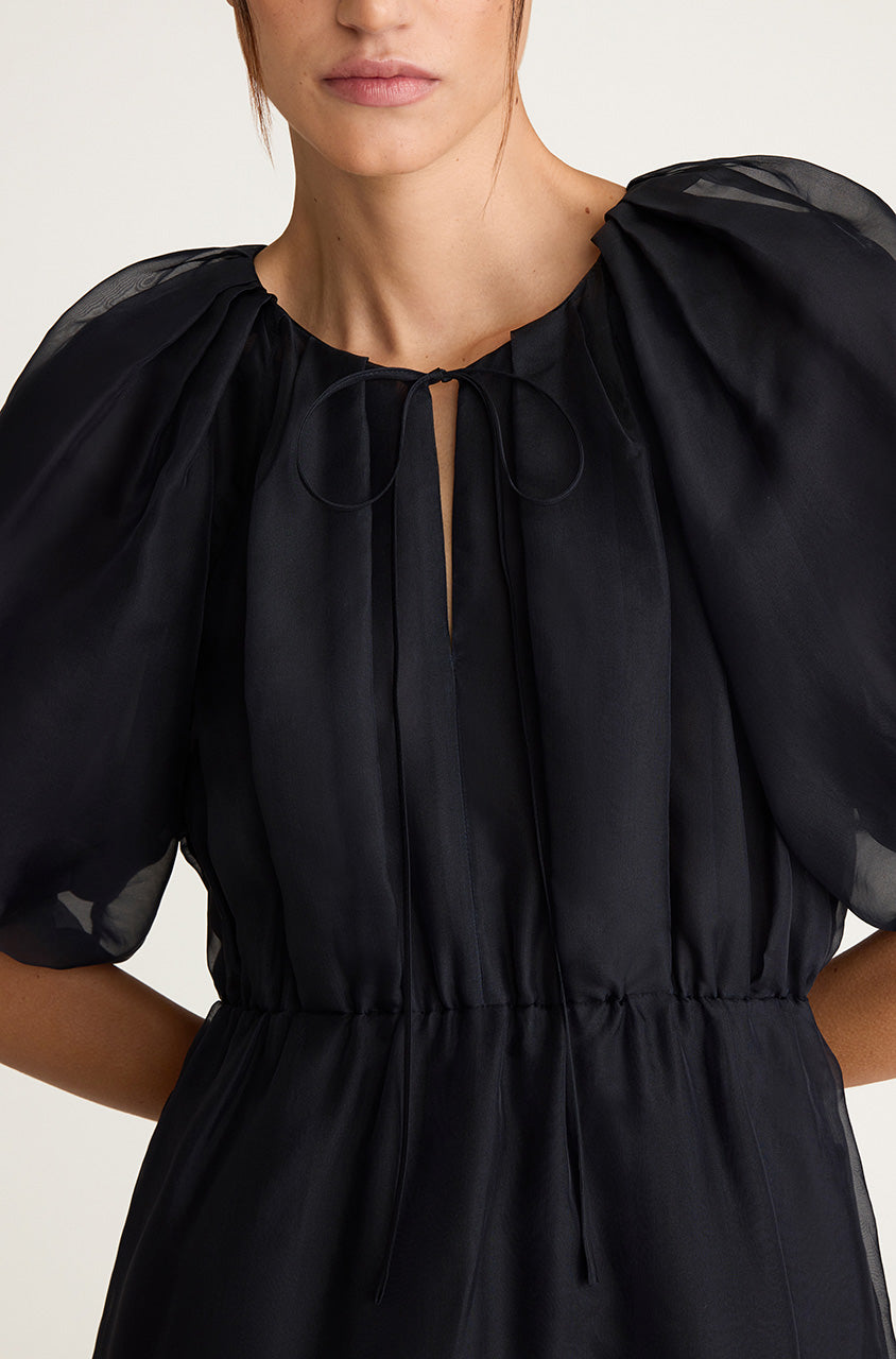 Dark Navy Bubble Sleeve Midi Dress Silk Chiffon Bubble Pencil Dress in Midnight by Rebecca Taylor