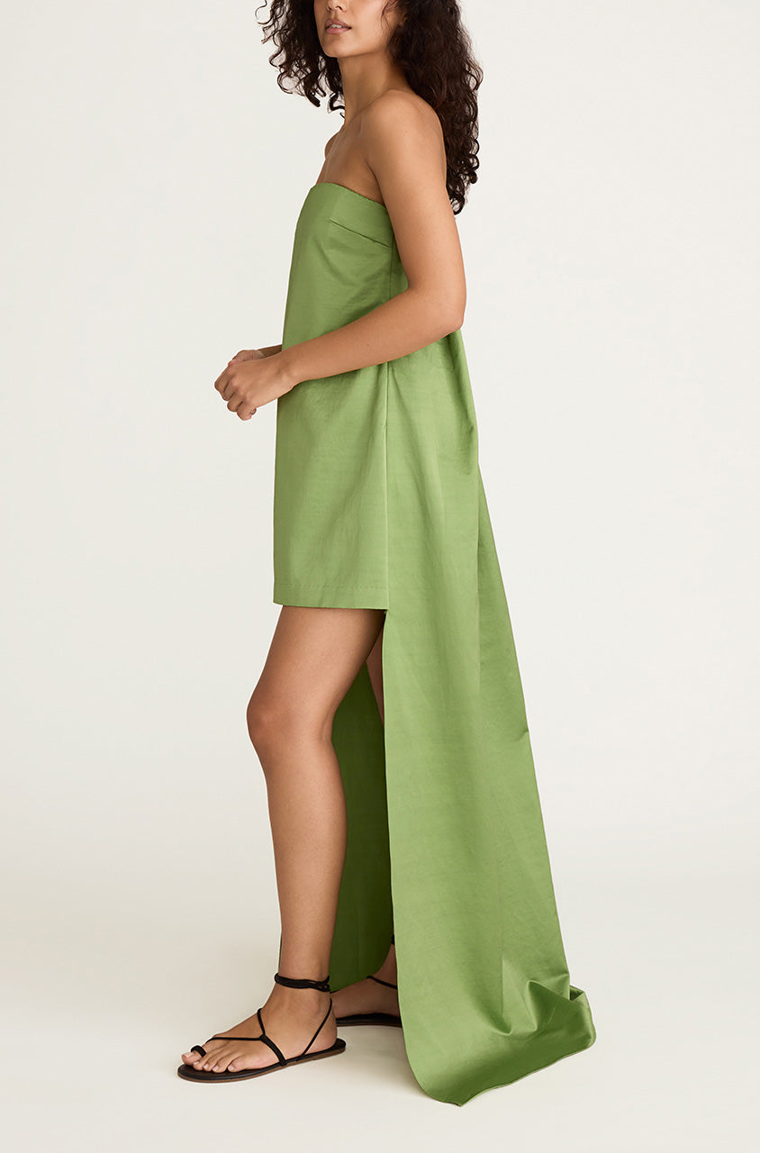 Green Strapless Dress with High-Low Skirt Slub Sateen Mini Dress with Train in Fern by Rebecca Taylor