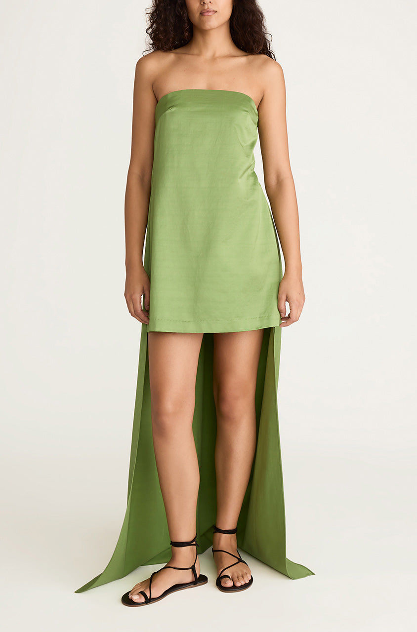 Green Strapless Dress with High-Low Skirt Slub Sateen Mini Dress with Train in Fern by Rebecca Taylor