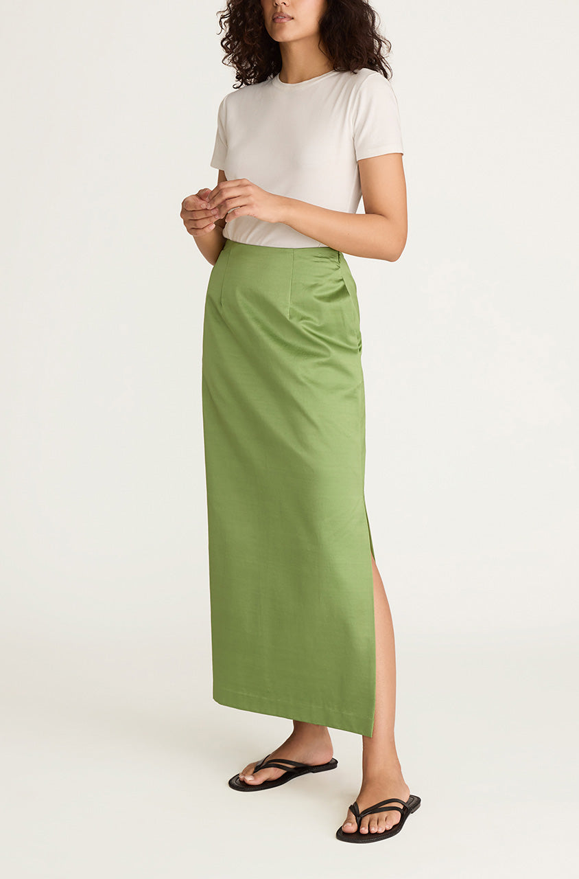 Green Hollywood Waist Skirt Slub Sateen Midi Skirt in Fern by Rebecca Taylor