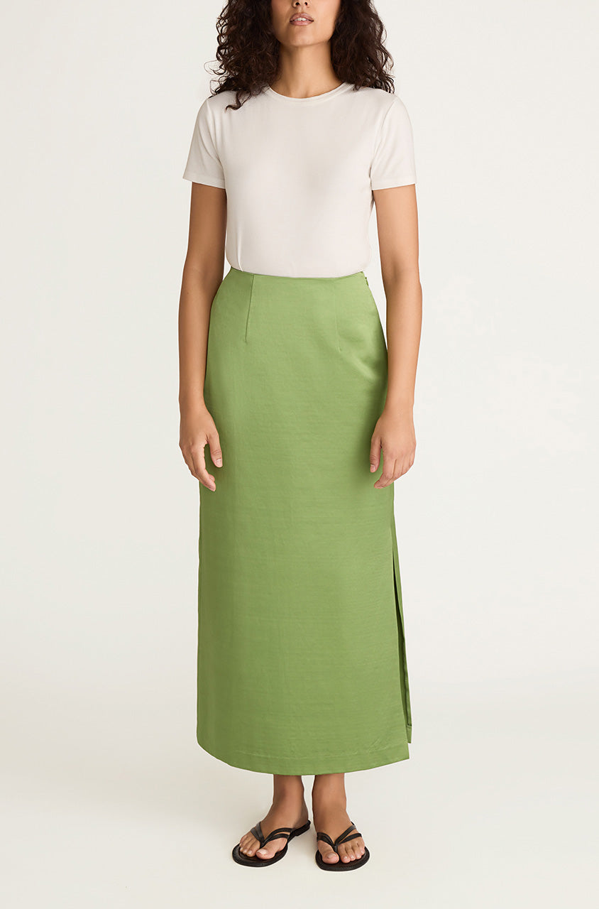 Green Hollywood Waist Skirt Slub Sateen Midi Skirt in Fern by Rebecca Taylor