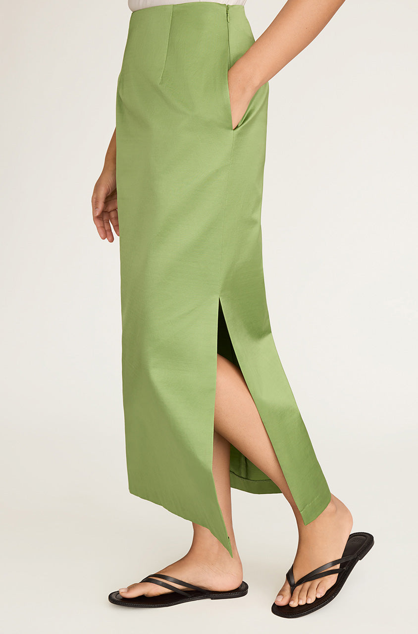 Green Hollywood Waist Skirt Slub Sateen Midi Skirt in Fern by Rebecca Taylor