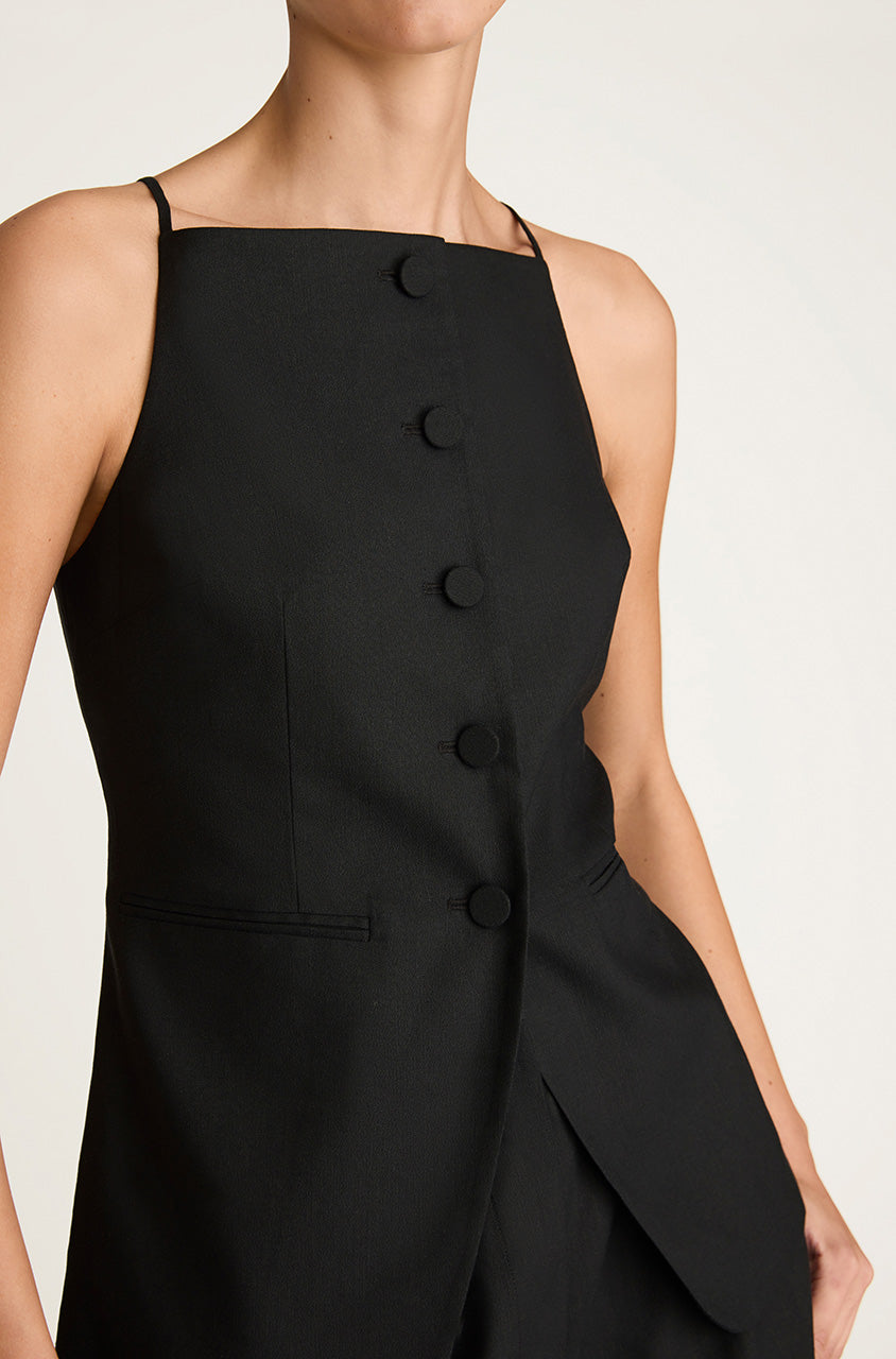 Black Square Neck Zip-Up Vest Top Sleeveless Structured Top in Black by Rebecca Taylor