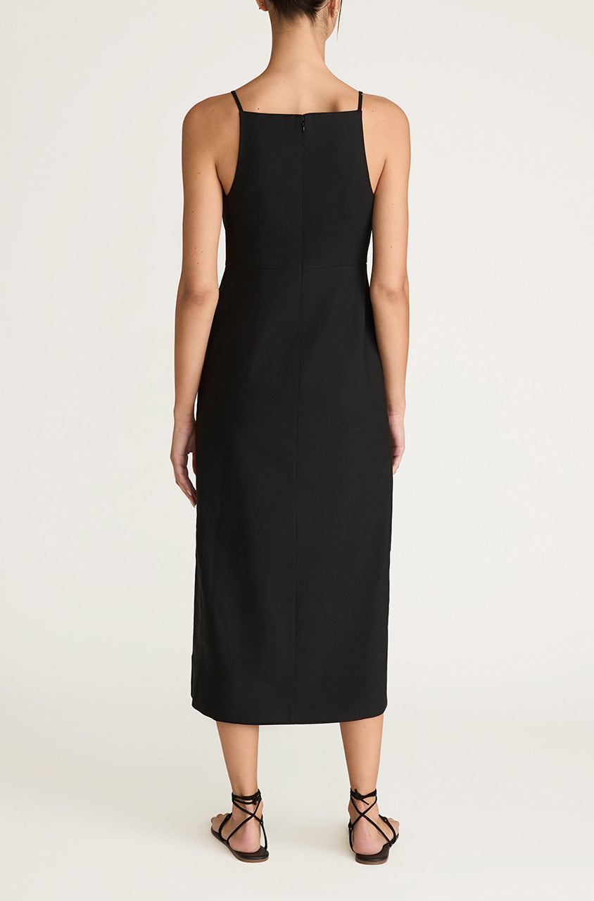 Black Stretch Linen Button Front Dress Structured Button Front Midi Dress in Black by Rebecca Taylor