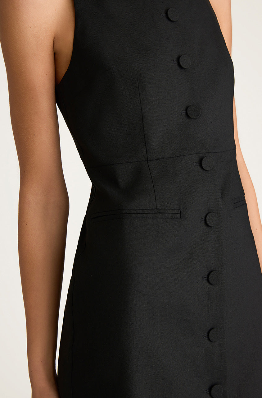 Black Stretch Linen Button Front Dress Structured Button Front Midi Dress in Black by Rebecca Taylor