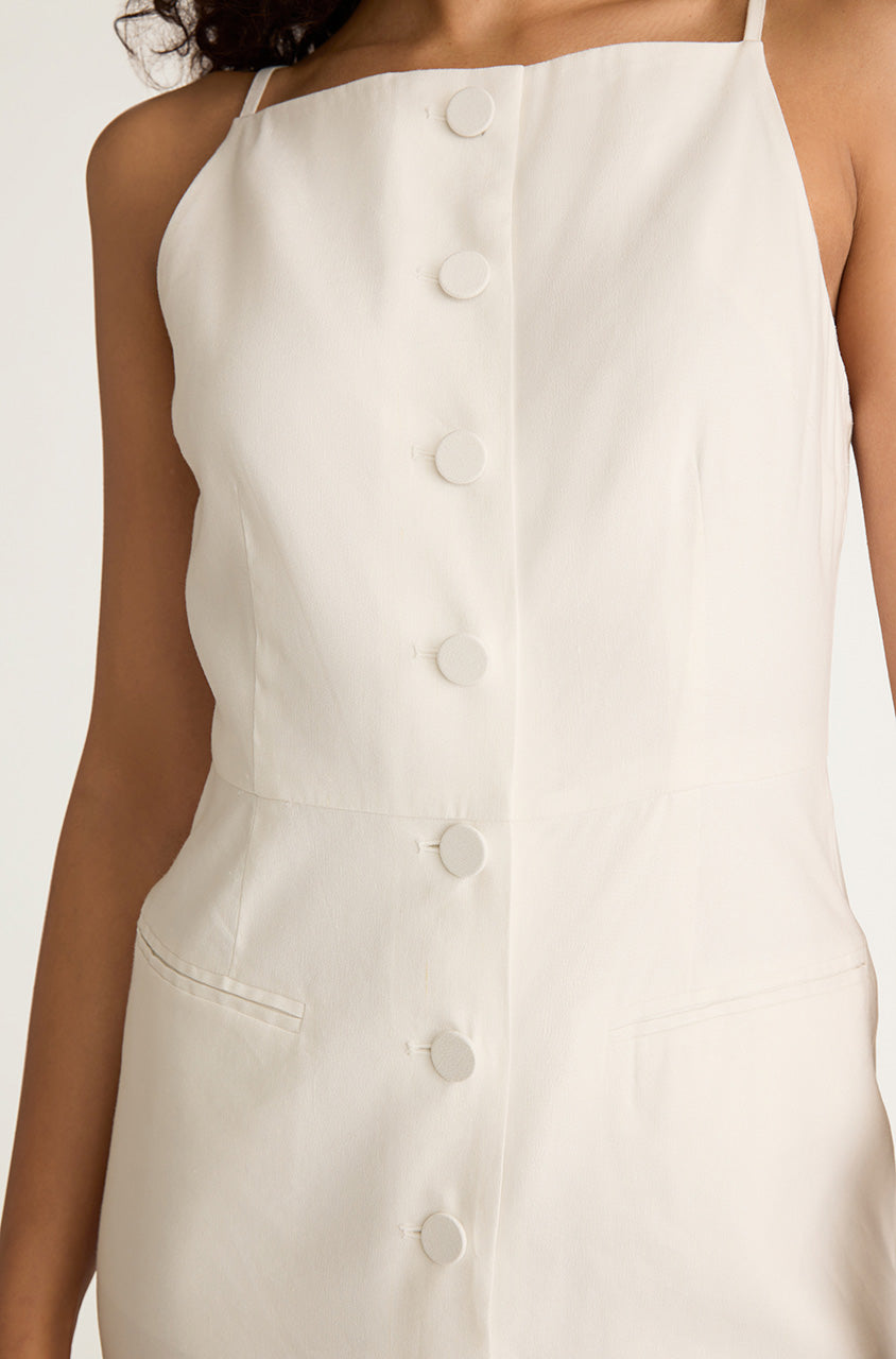 White Stretch Linen Button Front Dress Structured Button Front Midi Dress in Milk by Rebecca Taylor