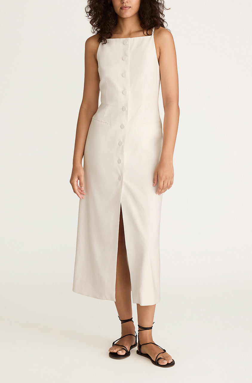 White Stretch Linen Button Front Dress Structured Button Front Midi Dress in Milk by Rebecca Taylor