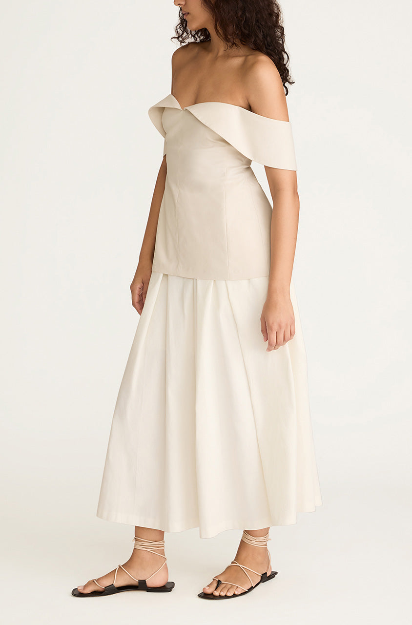 White Navy Structured Off-Shoulder Top Cotton Sateen Draped Shoulder Top in Snow by Rebecca Taylor