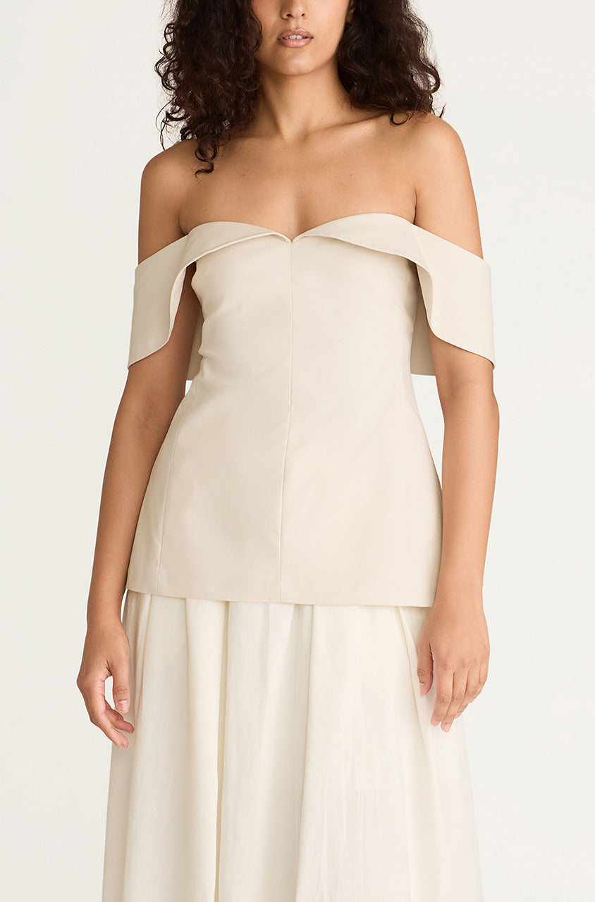 White Navy Structured Off-Shoulder Top Cotton Sateen Draped Shoulder Top in Snow by Rebecca Taylor