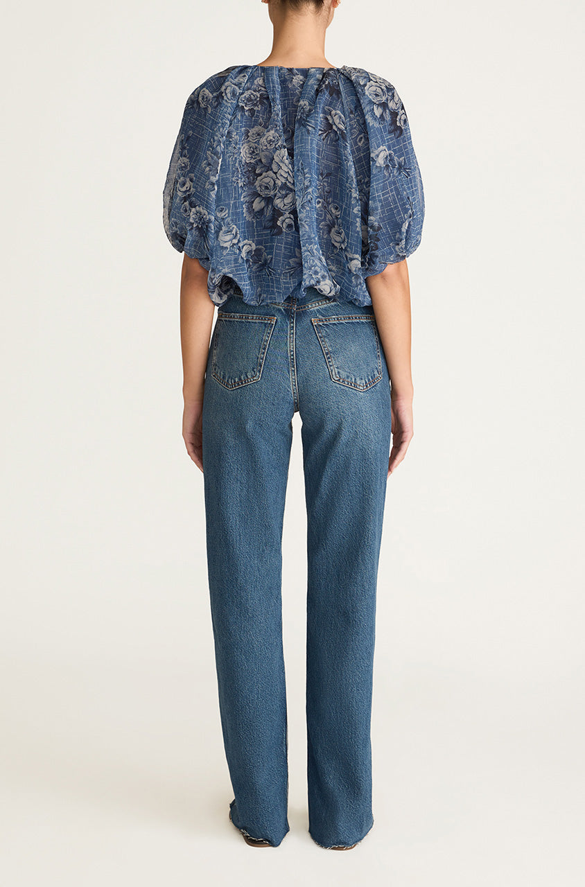 Blue Floral Silk Bubble Blouse Emblem Fleur Bubble Top in Dusk Combo by Rebecca Taylor