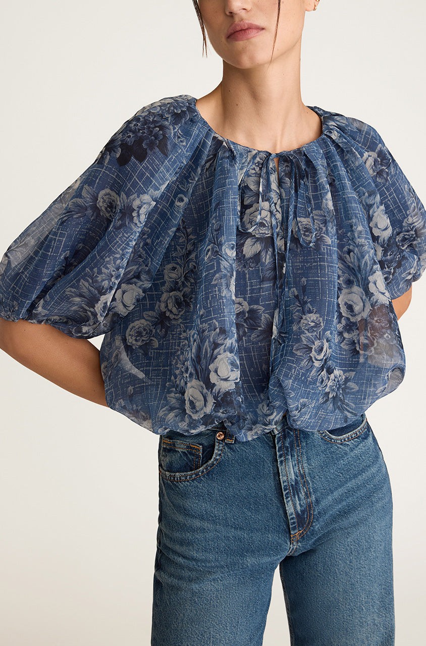 Blue Floral Silk Bubble Blouse Emblem Fleur Bubble Top in Dusk Combo by Rebecca Taylor