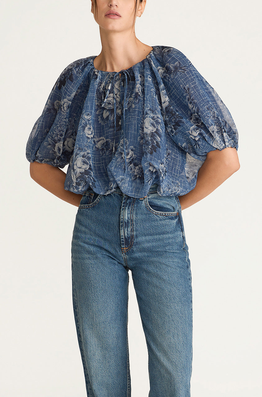 Blue Floral Silk Bubble Blouse Emblem Fleur Bubble Top in Dusk Combo by Rebecca Taylor