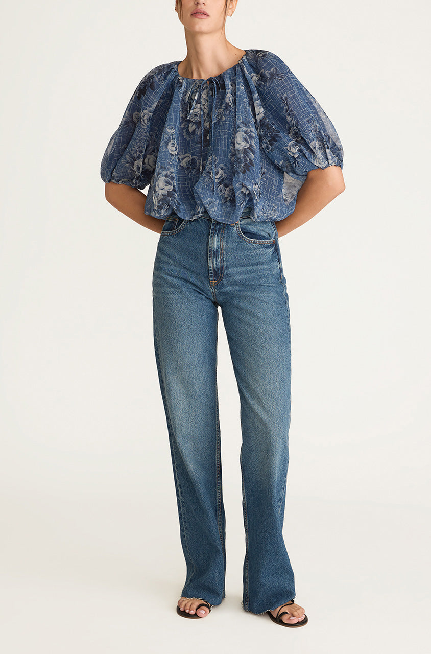 Blue Floral Silk Bubble Blouse Emblem Fleur Bubble Top in Dusk Combo by Rebecca Taylor