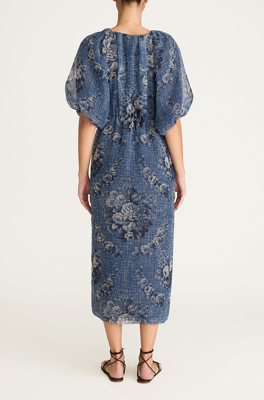 Blue Floral Silk Pencil Midi Dress Emblem Fleur Bubble Pencil Dress in Dusk Combo by Rebecca Taylor
